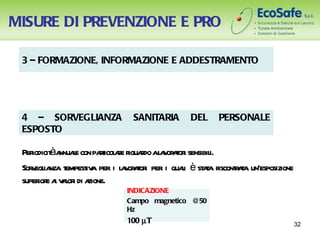 MISURE DI PREVENZIONE E PRO

 3 – FORMAZIONE, INFORMAZIONE E ADDESTRAMENTO




 4 – SORVEGLIANZA            SANITARIA     DEL    PERSONALE
 ESPOSTO

 Per àa l con pat ae r r al v aor sensibil
    iodicit nnuae      ricol r iguado a or t i   i.
    v ia empest a per i l v aor per i quai è st t r r t un’esposizione
 Sor egl nza t      iv        a or t i      l  aa iscontaa
 super e a v l i di a
      ior i aor zione.
                           INDICAZIONE
                           Campo magnetico @50
                           Hz
                           100 µT                                        32
 