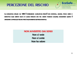 PERCEZIONE DEL RISCHIO

L nor t a at l sui CE è forement ca el t a per é non esist a a pr e cere e
 a maiv tuae                M    t e ut aiv ch            ono, ncor , ov t
definit e sugl effeti nociv di l per che t l a i possono ca r nonost nt quest è
      iv     i      t      i ungo iodo      ai gent        usae;     ae     o
cr e l pr
  escent a eoccupa perl
                      zione ’inquina o el toma ico.
                                    ment etr gnet




                      NON AVVERTITO DAI SENSI
                            Non si vede
                            Non si sente
                           Non ha odore



                                                                             8
 