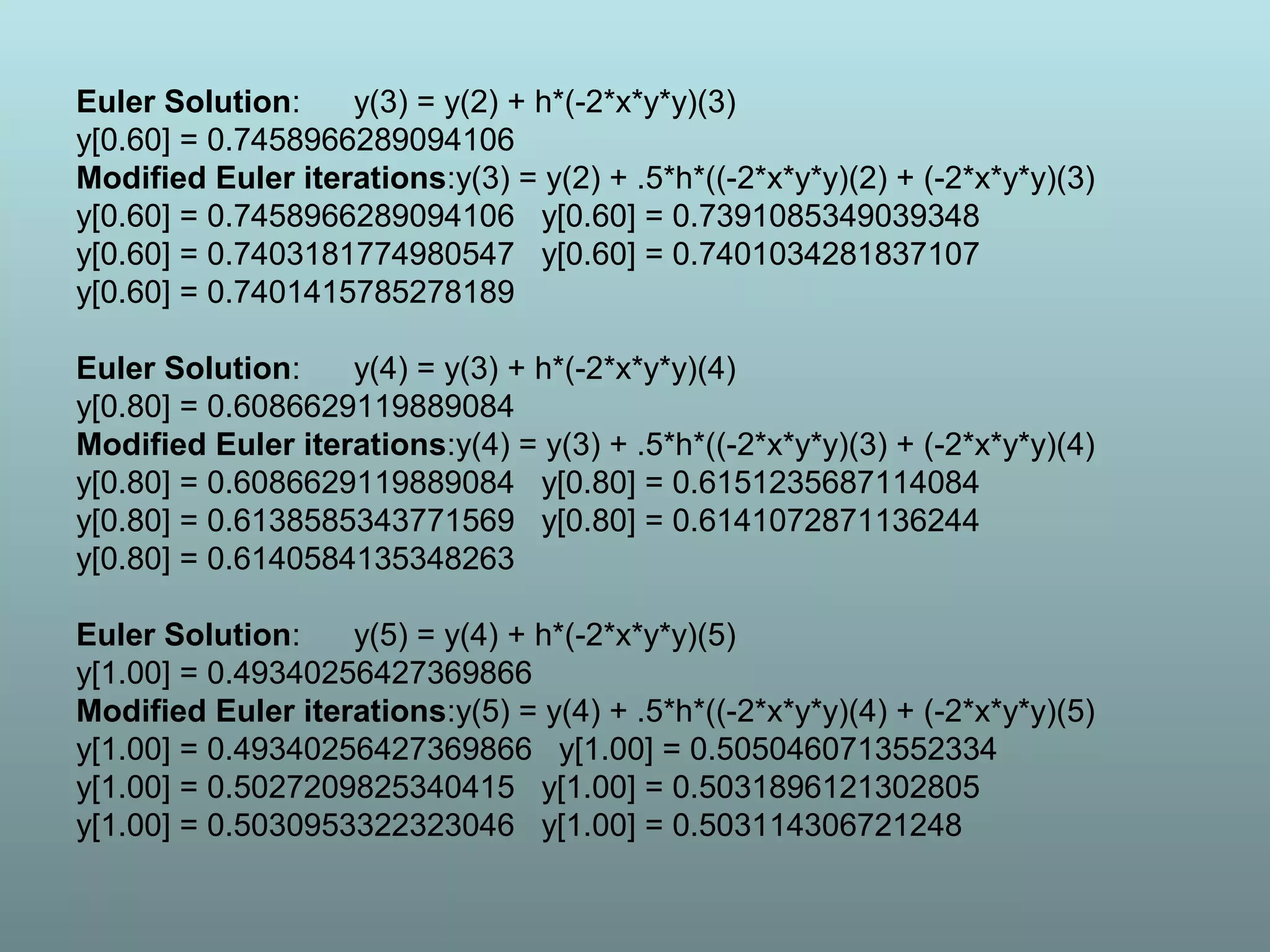Euler Solution: y(3) = y(2) + h*(-2*x*y*y)(3)
y[0.60] = 0.7458966289094106
Modified Euler iterations:y(3) = y(2) + .5*h*((-2*x*y*y)(2) + (-2*x*y*y)(3)
y[0.60] = 0.7458966289094106 y[0.60] = 0.7391085349039348
y[0.60] = 0.7403181774980547 y[0.60] = 0.7401034281837107
y[0.60] = 0.7401415785278189
Euler Solution: y(4) = y(3) + h*(-2*x*y*y)(4)
y[0.80] = 0.6086629119889084
Modified Euler iterations:y(4) = y(3) + .5*h*((-2*x*y*y)(3) + (-2*x*y*y)(4)
y[0.80] = 0.6086629119889084 y[0.80] = 0.6151235687114084
y[0.80] = 0.6138585343771569 y[0.80] = 0.6141072871136244
y[0.80] = 0.6140584135348263
Euler Solution: y(5) = y(4) + h*(-2*x*y*y)(5)
y[1.00] = 0.49340256427369866
Modified Euler iterations:y(5) = y(4) + .5*h*((-2*x*y*y)(4) + (-2*x*y*y)(5)
y[1.00] = 0.49340256427369866 y[1.00] = 0.5050460713552334
y[1.00] = 0.5027209825340415 y[1.00] = 0.5031896121302805
y[1.00] = 0.5030953322323046 y[1.00] = 0.503114306721248
 