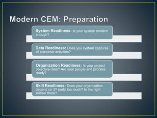 System Readiness: Is your system modern
enough?
Data Readiness: Does you system captures
all customer activities?
Organization Readiness: Is your project
objective clear? Are your people and process
ready?
Skill Readiness: Does your organization
depend on 3rd party too much? Is the right
skillset there?
 