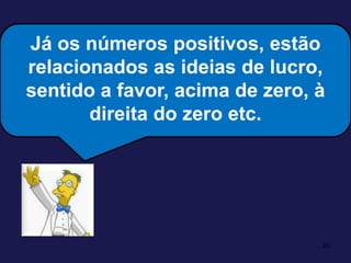 20Já os números positivos, estão relacionados as ideias de lucro, sentido a favor, acima de zero, à direita do zero etc.