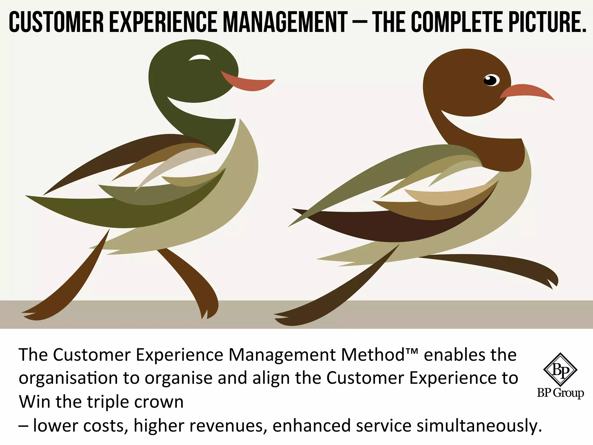Customer Experience Management
a single view
of the
customer
The Customer Experience Management Method™ enables the
organisation to organise and align the Customer Experience to
Win the triple crown
– lower costs, higher revenues, enhanced service simultaneously.
© 1992-2015 www.BPGroup.org
