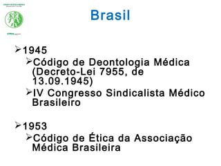 Brasil
1945
Código de Deontologia Médica
(Decreto-Lei 7955, de
13.09.1945)
IV Congresso Sindicalista Médico
Brasileiro
1953
Código de Ética da Associação
Médica Brasileira
 