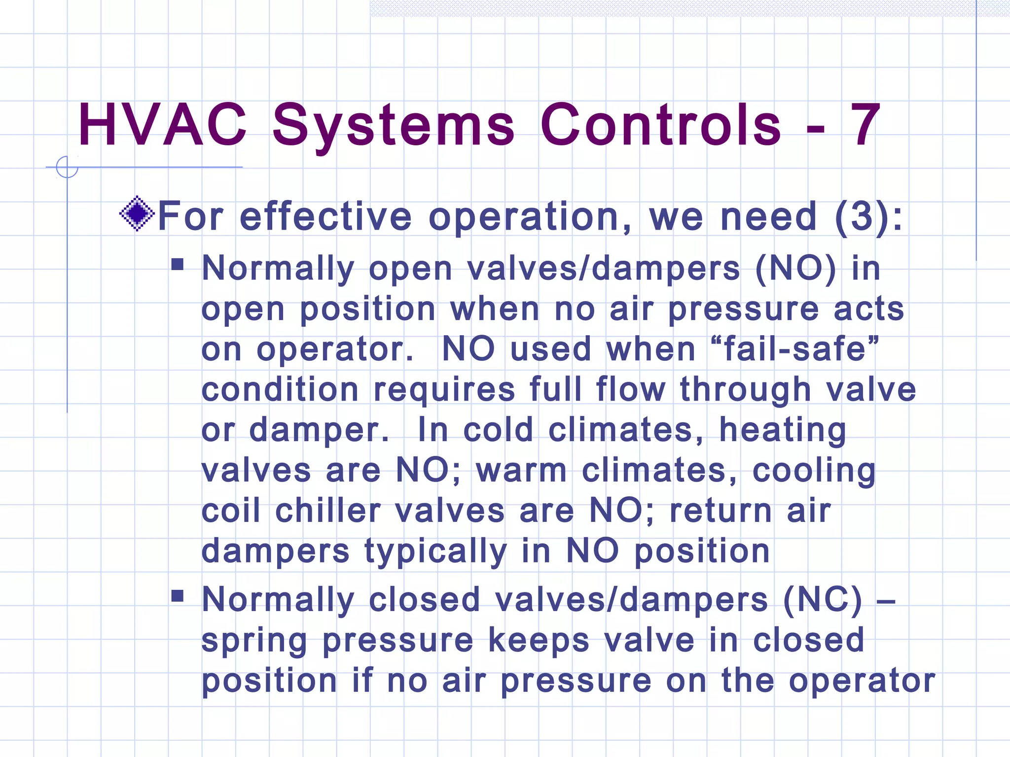 HVAC Systems Controls - 7
For effective operation, we need (3):
 Normally open valves/dampers (NO) in
open position when no air pressure acts
on operator. NO used when “fail-safe”
condition requires full flow through valve
or damper. In cold climates, heating
valves are NO; warm climates, cooling
coil chiller valves are NO; return air
dampers typically in NO position
 Normally closed valves/dampers (NC) –
spring pressure keeps valve in closed
position if no air pressure on the operator
 