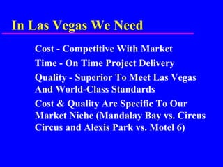 In Las Vegas We Need
Cost - Competitive With Market
Time - On Time Project Delivery
Quality - Superior To Meet Las Vegas
And World-Class Standards
Cost & Quality Are Specific To Our
Market Niche (Mandalay Bay vs. Circus
Circus and Alexis Park vs. Motel 6)
 