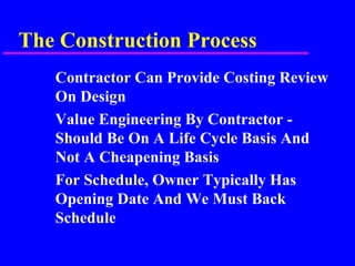 The Construction Process
Contractor Can Provide Costing Review
On Design
Value Engineering By Contractor -
Should Be On A Life Cycle Basis And
Not A Cheapening Basis
For Schedule, Owner Typically Has
Opening Date And We Must Back
Schedule
 
