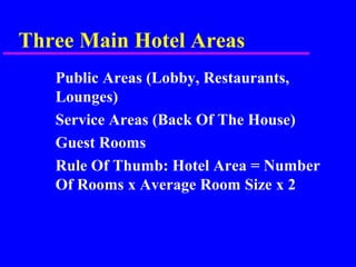 Three Main Hotel Areas
Public Areas (Lobby, Restaurants,
Lounges)
Service Areas (Back Of The House)
Guest Rooms
Rule Of Thumb: Hotel Area = Number
Of Rooms x Average Room Size x 2
 