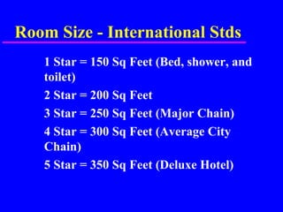 Room Size - International Stds
1 Star = 150 Sq Feet (Bed, shower, and
toilet)
2 Star = 200 Sq Feet
3 Star = 250 Sq Feet (Major Chain)
4 Star = 300 Sq Feet (Average City
Chain)
5 Star = 350 Sq Feet (Deluxe Hotel)
 