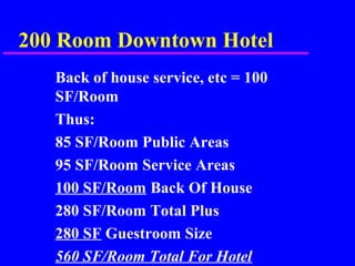 200 Room Downtown Hotel
Back of house service, etc = 100
SF/Room
Thus:
85 SF/Room Public Areas
95 SF/Room Service Areas
100 SF/Room Back Of House
280 SF/Room Total Plus
280 SF Guestroom Size
560 SF/Room Total For Hotel
 