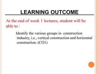 LEARNING OUTCOME
At the end of week 1 lectures, student will be
able to :
Identify the various groups in construction
industry, i.e., vertical construction and horizontal
construction. (CO1)
 
