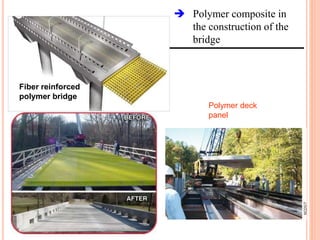  Polymer composite in
the construction of the
bridge
Polymer deck
panel
Fiber reinforced
polymer bridge
 