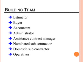  Estimator
 Buyer
 Accountant
 Administrator
 Assistance contract manager
 Nominated sub contractor
 Domestic sub contractor
 Operatives
BUILDING TEAM
 