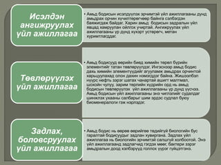 • Амьд бодисын исэлдүүлэх эрчимтэй үйл ажиллагааны дүнд
амьдрах орчин хүчилтөрөгчөөр байнга сэлбэгдэн
баяжигдаж байдаг. Харин амьд бодисын задралын үйл
явцад хамруулан ойлгох учиртай. Ангижруулах үйл
ажиллагааны үр дүнд хүхэрт устөрөгч, метан
хуримтлагддаг.
Исэлдэн
ангижруулах
үйл ажиллагаа
• Амьд бодисууд өөрийн биед химийн төрөл бүрийн
элементийг татан төвлөрүүлдэг. Ингэснээр амьд бодис
дахь химийн элементүүдийг агууламж амьдрах орчинтой
харьцуулахад олон дахин нэмэгддэг байна. Жишээлбэл
нүүрс нефть зэрэг шатах чанартай ашигт малтмал,
шохойн чулуу, зарим төрлийн хүдрийн орд нь амьд
бодисын төвлөрүүлэх үйл ажиллагааны үр дүнд үүсчээ.
Амьд бодисын үйл ажиллагааны энэ чиглэлийг судалдаг
шинжлэх ухааны салбарыг шим эрдэс судлал буюу
биоменералоги гэж нэрлэдэг.
Төвлөрүүлэх
үйл ажиллагаа
• Амьд бодис нь өөрөө өөрийгөө төдийгүй биологийн бус
гаралтай бодисуудыг задлан хувиргана. Задлах үйл
ажиллагаа нь биологийн эрчимтэй салшгүй холбоотой. Энэ
үйл ажиллагаанд задлагчид гэгдэх мөөг, бактери зэрэг
амьдралын доод хэлбэрүүд голлох үүрэг гүйцэтгэнэ.
Задлах,
боловсруулах
үйл ажиллагаа
 