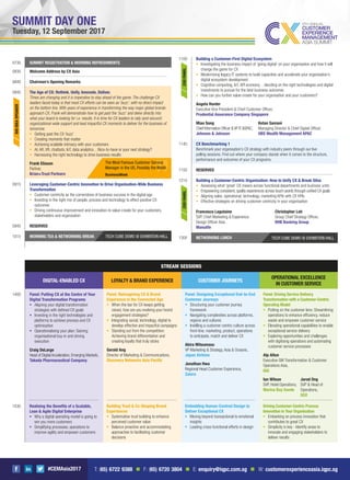 #CEMAsia2017
TECH CUBE DEMO @ EXHIBITION HALL
SUMMIT DAY ONE
Tuesday, 12 September 2017
0730 SUMMIT REGISTRATION & MORNING REFRESHMENTS
0830 Welcome Address by CX Asia
0840 Chairman’s Opening Remarks
0845 The Age of CX: Rethink. Unify. Innovate. Deliver.
Times are changing and it is imperative to stay ahead of the game. The challenge CX
leaders faced today is that most CX efforts can be seen as ‘buzz’, with no direct impact
on the bottom line. With years of experience in transforming the way major global brands
approach CX, Frank will demonstrate how to get past the ‘buzz’ and delve directly into
what your board is looking for i.e. results. It is time for CX leaders to rally (and secure!)
organizational-wide support and lead impactful CX moments to deliver for the business of
tomorrow.
Getting past the CX ‘buzz’
Creating moments that matter
Achieving scalable intimacy with your customers
AI, AR, VR, chatbots, IoT, data analytics…Nice-to-have or your next strategy?
Harnessing the right technology to drive business results
Frank Eliason
Partner,
Brian+Trust Partners
0915 Leveraging Customer-Centric Innovation to Drive Organisation-Wide Business
Transformation
Customer-centricity as the cornerstone of business success in the digital age
Investing in the right mix of people, process and technology to effect positive CX
outcomes
Driving continuous improvement and innovation to value-create for your customers,
stakeholders and organisation
0945 RESERVED
1015 MORNING TEA & NETWORKING BREAK
1100 Building a Customer-First Digital Ecosystem
Investigating the business impact of ‘going digital’ on your organisation and how it will
change the game for CX
Modernising legacy IT systems to build capacities and accelerate your organisation’s
digital ecosystem development
Cognitive computing, IoT, API economy…deciding on the right technologies and digital
investments to pursue for the best business outcomes
How can you further value-create for your organisation and your customers?
Angela Hunter
Executive Vice President & Chief Customer Ofﬁcer,
Prudential Assurance Company Singapore
Miao Song
Chief Information Ofﬁcer &VP ITASPAC,
Johnson & Johnson
Ketan Samani
Managing Director & Chief Digital Ofﬁcer,
UBS Wealth Management APAC
1145 CX Benchmarking 1
Benchmark your organisation’s CX strategy with industry peers through our live
polling sessions. Find out where your company stands when it comes to the structure,
performance and outcomes of your CX programs.
1150 RESERVED
1215 Building a Customer-Centric Organisation: How to Unify CX & Break Silos
Assessing what ‘great’ CX means across functional departments and business units
Empowering consistent, quality experiences across touch-points through uniﬁed CX goals
Aligning sales, operational, technology, marketing KPIs with CX KPIs
Effective strategies on driving customer-centricity in your organisation
Francesco Lagutaine
SVP, Chief Marketing & Experience
Design Ofﬁcer Asia
Manulife
Christopher Loh
Group Chief Strategy Ofﬁcer,
RHB Banking Group
1300 NETWORKING LUNCH
BIGIDEASPEAKER
CXOPANELCXOPANEL
DIGITAL-ENABLED CX CUSTOMER JOURNEYS
OPERATIONAL EXCELLENCE
IN CUSTOMER SERVICE
LOYALTY & BRAND EXPERIENCE
1400 Panel: Putting CX at the Centre of Your
Digital Transformation Programs
Aligning your digital transformation
strategies with deﬁned CX goals
Investing in the right technologies and
platforms to achieve process and CX
optimisation
Operationalising your plan: Gaining
organisational buy-in and driving
execution
Craig DeLarge
Head of Digital Acceleration, Emerging Markets,
Takeda Pharmaceutical Company
Panel: Reimagining CX & Brand
Experience in the Connected Age
When the bar for CX keeps getting
raised, how are you evolving your brand
engagement strategies?
Integrating social, technology, digital to
develop effective and impactful campaigns
Standing out from the competition:
Achieving brand differentiation and
creating loyalty that truly sticks
Gerald Ang
Director of Marketing & Communications,
Discovery Networks Asia Paciﬁc
Panel: Designing Exceptional End-to-End
Customer Journeys
Structuring your customer journey
framework
Navigating complexities across platforms,
regions and cultures
Instilling a customer-centric culture across
front-line, marketing, product, operations
to anticipate, match and deliver CX
Akira Mitsumasu
VP Marketing & Strategy, Asia & Oceanic,
Japan Airlines
Jonathan Hwa
Regional Head Customer Experience,
Zalora
Panel: Driving Service Delivery
Transformation with a Customer-Centric
Operating Model
Putting on the customer lens: Streamlining
operations to enhance efﬁciency, reduce
waste and empower customer service
Elevating operational capabilities to enable
exceptional service delivery
Exploring opportunities and challenges
with digitising operations and automating
customer service processes
Alp Altun
Executive GM Transformation & Customer
Operations Asia,
IAG
Ian Wilson
SVP, Hotel Operations,
Marina Bay Sands
Jarod Ong
SVP & Head of
Operations,
SGX
TECH CUBE DEMO @ EXHIBITION HALL
STREAM SESSIONS
The Most Famous Customer Service
Manager in the US, Possibly the World
BusinessWeek
1430 Realising the Beneﬁts of a Scalable,
Lean & Agile Digital Enterprise
Why a digital operating model is going to
win you more customers
Simplifying processes, operations to
improve agility and empower customers
Building Trust & Co-Shaping Brand
Experiences
Systematise trust building to enhance
perceived customer value
Balance proactive and accommodating
approaches to facilitating customer
decisions
Embedding Human-Centred Design to
Deliver Exceptional CX
Moving beyond transactional to emotional
insights
Leading cross-functional efforts in design
Driving Customer-Centric Process
Innovation in Your Organisation
Embarking on process innovation that
contributes to great CX
Simplicity is key - Identify areas to
innovate and engaging stakeholders to
deliver results
T: (65) 6722 9388 n F: (65) 6720 3804 n E: enquiry@iqpc.com.sg n W: customerexperienceasia.iqpc.sg
 