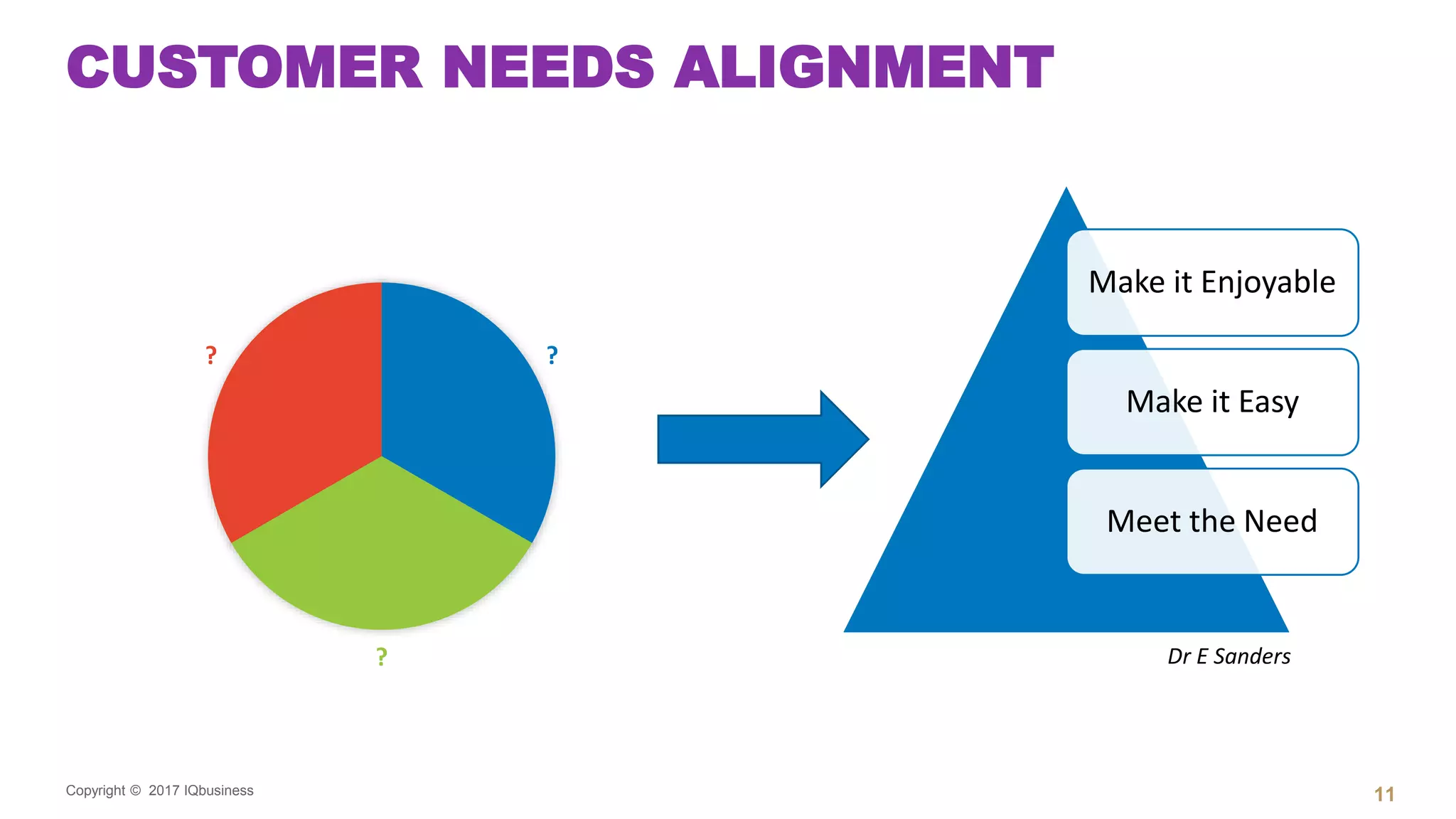 Copyright © 2017 IQbusiness
CUSTOMER NEEDS ALIGNMENT
11
?
?
?
Make it Enjoyable
Make it Easy
Meet the Need
Dr E Sanders
 
