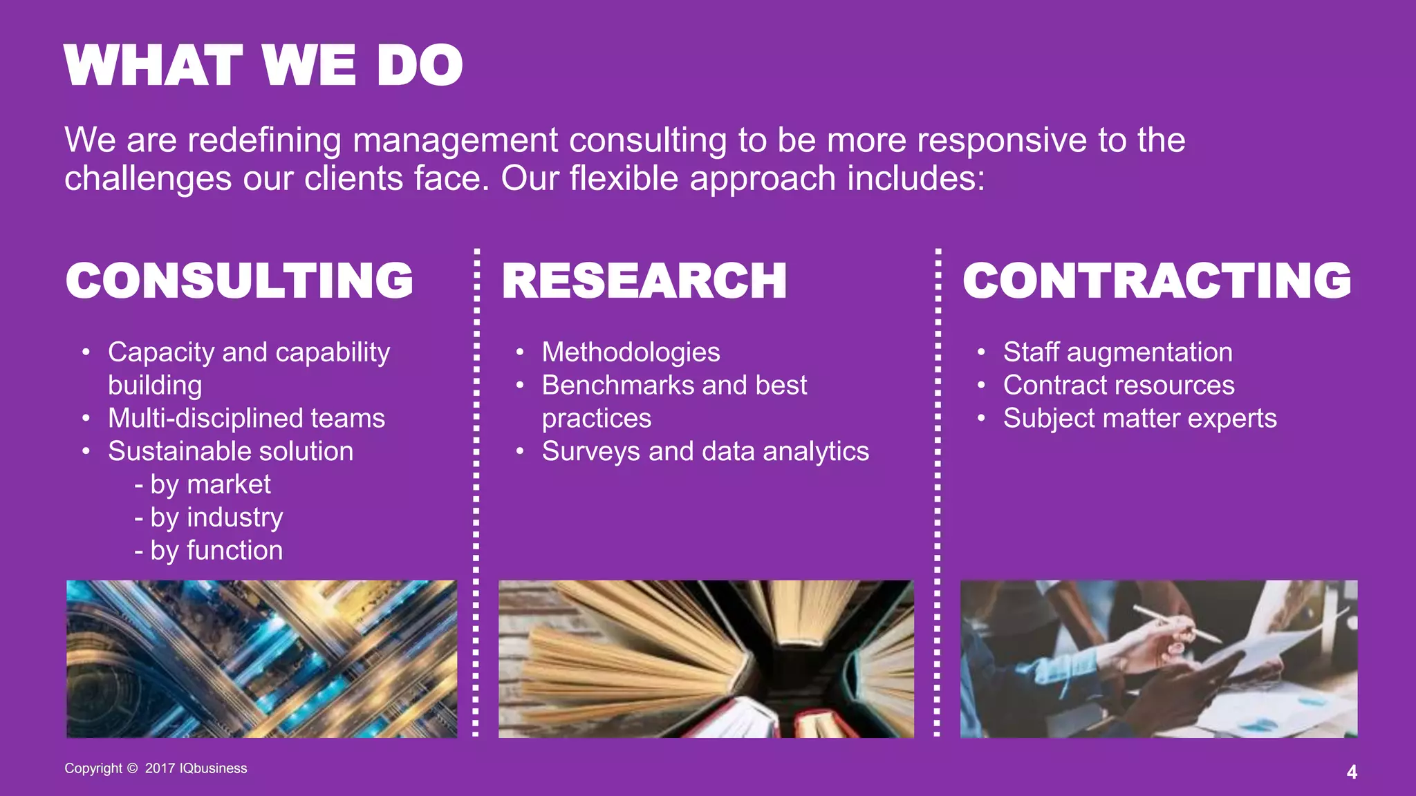 Copyright © 2017 IQbusiness
WHAT WE DO
4
We are redefining management consulting to be more responsive to the
challenges our clients face. Our flexible approach includes:
• Capacity and capability
building
• Multi-disciplined teams
• Sustainable solution
- by market
- by industry
- by function
• Staff augmentation
• Contract resources
• Subject matter experts
CONSULTING RESEARCH CONTRACTING
• Methodologies
• Benchmarks and best
practices
• Surveys and data analytics
Copyright © 2017 IQbusiness
 