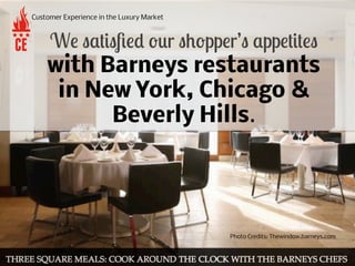 We've satisﬁed our shoppers' appetites
with Barneys restaurants
in New York, Chicago &
Beverly Hills.
Photo Credits: Thewi...