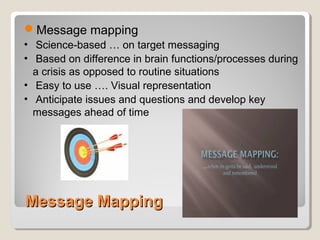 Message MappingMessage Mapping
Message mapping
• Science-based … on target messaging
• Based on difference in brain functions/processes during
a crisis as opposed to routine situations
• Easy to use …. Visual representation
• Anticipate issues and questions and develop key
messages ahead of time
 