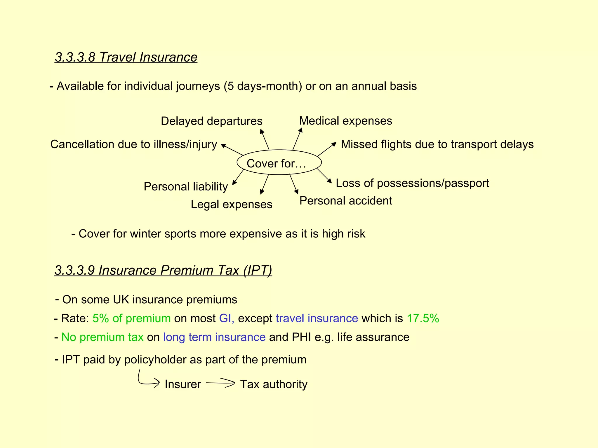 3.3.3.8 Travel Insurance

- Available for individual journeys (5 days-month) or on an annual basis


                      Delayed departures           Medical expenses

Cancellation due to illness/injury                        Missed flights due to transport delays
                                         Cover for…
                   Personal liability                    Loss of possessions/passport
                             Legal expenses        Personal accident

    - Cover for winter sports more expensive as it is high risk


3.3.3.9 Insurance Premium Tax (IPT)

 - On some UK insurance premiums
- Rate: 5% of premium on most GI, except travel insurance which is 17.5%
- No premium tax on long term insurance and PHI e.g. life assurance
 - IPT paid by policyholder as part of the premium

                       Insurer          Tax authority
 
