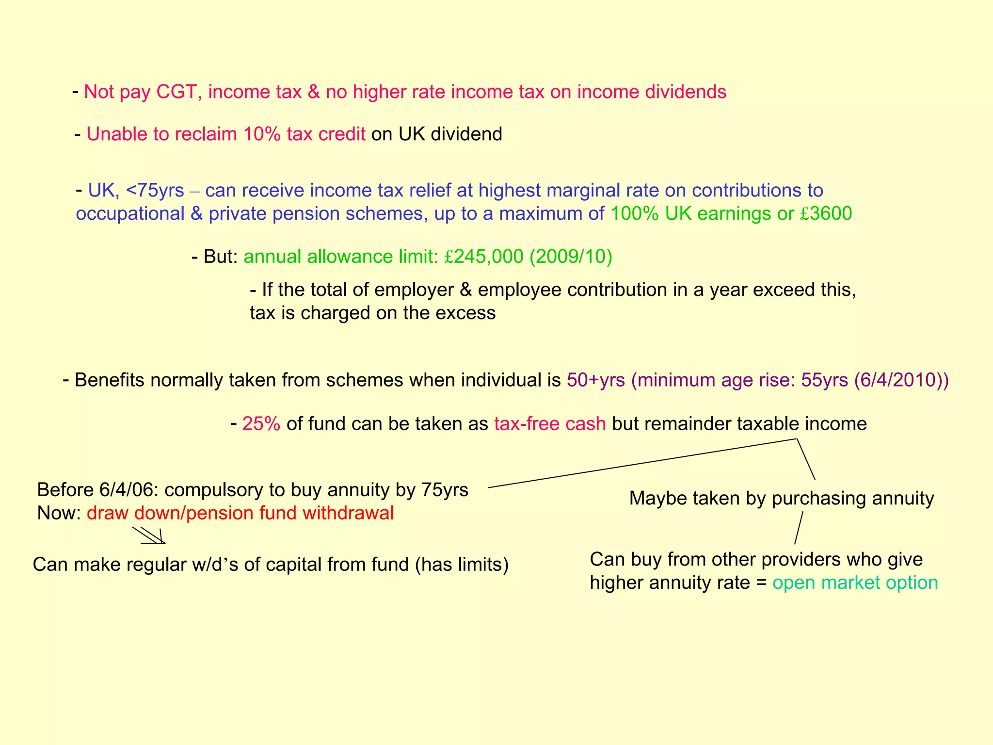 - Not pay CGT, income tax & no higher rate income tax on income dividends

    - Unable to reclaim 10% tax credit on UK dividend

     - UK, <75yrs – can receive income tax relief at highest marginal rate on contributions to
     occupational & private pension schemes, up to a maximum of 100% UK earnings or £3600

                  - But: annual allowance limit: £245,000 (2009/10)
                         - If the total of employer & employee contribution in a year exceed this,
                         tax is charged on the excess


   - Benefits normally taken from schemes when individual is 50+yrs (minimum age rise: 55yrs (6/4/2010))

                       - 25% of fund can be taken as tax-free cash but remainder taxable income


Before 6/4/06: compulsory to buy annuity by 75yrs                     Maybe taken by purchasing annuity
Now: draw down/pension fund withdrawal

Can make regular w/d’s of capital from fund (has limits)         Can buy from other providers who give
                                                                 higher annuity rate = open market option
 