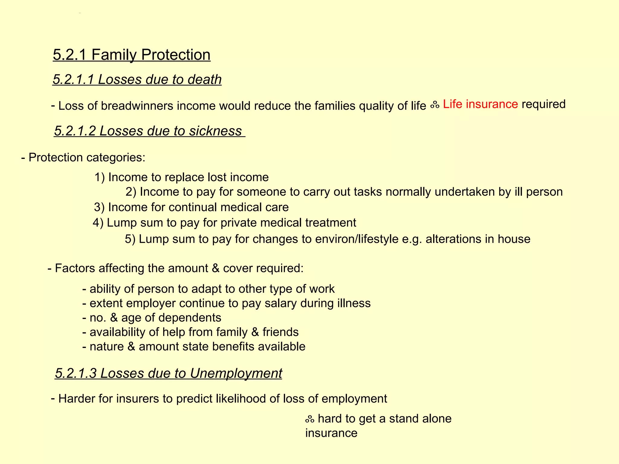 5.2.1




      5.2.1 Family Protection
     5.2.1.1 Losses due to death
     - Loss of breadwinners income would reduce the families quality of life ஃ Life insurance required

      5.2.1.2 Losses due to sickness
- Protection categories:
                    1) Income to replace lost income
                          2) Income to pay for someone to carry out tasks normally undertaken by ill person
                    3) Income for continual medical care
                    4) Lump sum to pay for private medical treatment
                          5) Lump sum to pay for changes to environ/lifestyle e.g. alterations in house

     - Factors affecting the amount & cover required:
                   - ability of person to adapt to other type of work
                   - extent employer continue to pay salary during illness
                   - no. & age of dependents
                   - availability of help from family & friends
                   - nature & amount state benefits available

      5.2.1.3 Losses due to Unemployment
     - Harder for insurers to predict likelihood of loss of employment
                                                             ஃ hard to get a stand alone
                                                             insurance
 