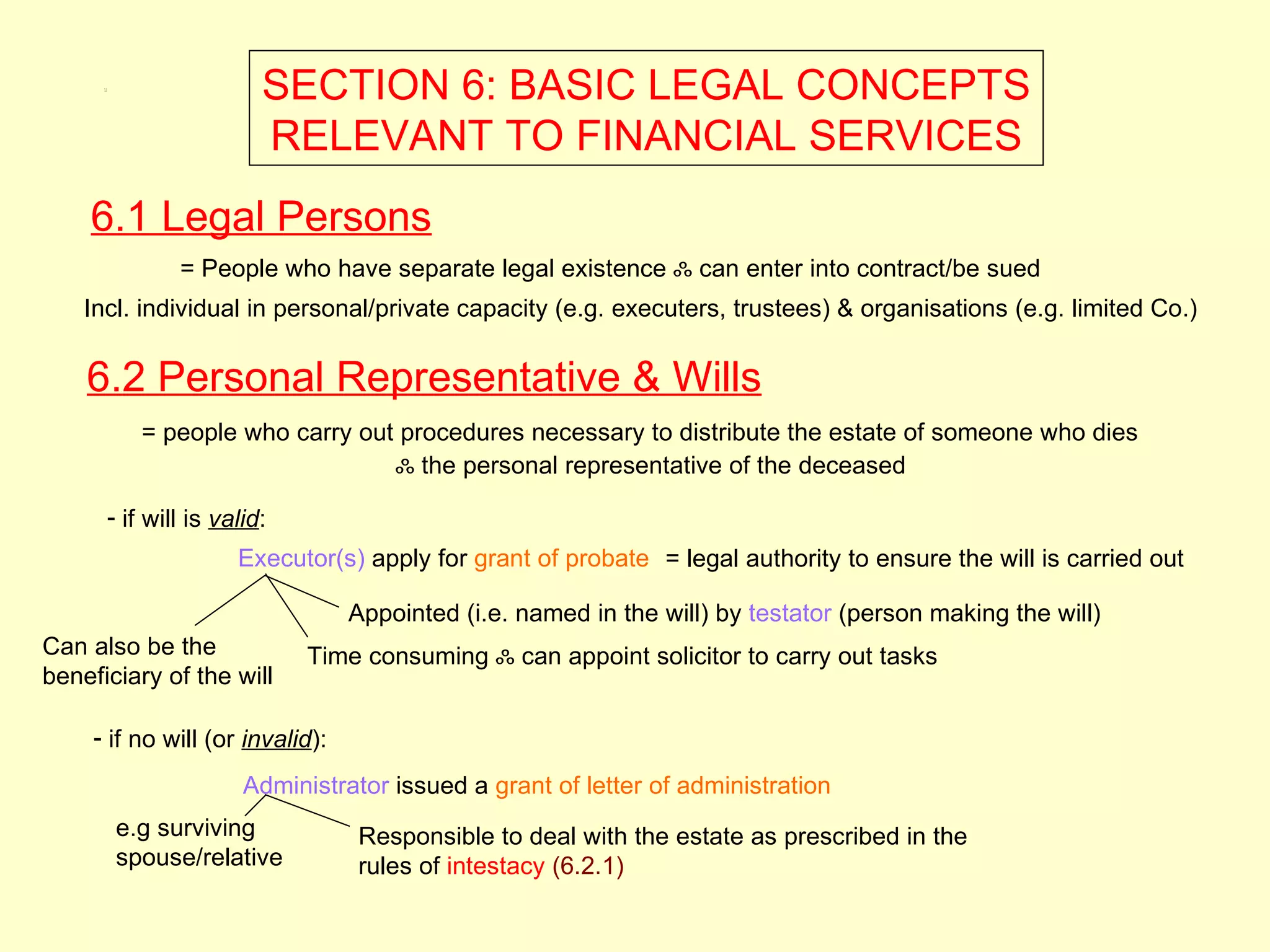6.1,
      6.2



                               SECTION 6: BASIC LEGAL CONCEPTS
                               RELEVANT TO FINANCIAL SERVICES
    6.1 Legal Persons
                     = People who have separate legal existence ஃ can enter into contract/be sued
    Incl. individual in personal/private capacity (e.g. executers, trustees) & organisations (e.g. limited Co.)


    6.2 Personal Representative & Wills
                 = people who carry out procedures necessary to distribute the estate of someone who dies
                                       ஃ the personal representative of the deceased

             - if will is valid:
                            Executor(s) apply for grant of probate = legal authority to ensure the will is carried out

                                       Appointed (i.e. named in the will) by testator (person making the will)
Can also be the                    Time consuming ஃ can appoint solicitor to carry out tasks
beneficiary of the will

     - if no will (or invalid):
                             Administrator issued a grant of letter of administration
              e.g surviving             Responsible to deal with the estate as prescribed in the
              spouse/relative           rules of intestacy (6.2.1)
 