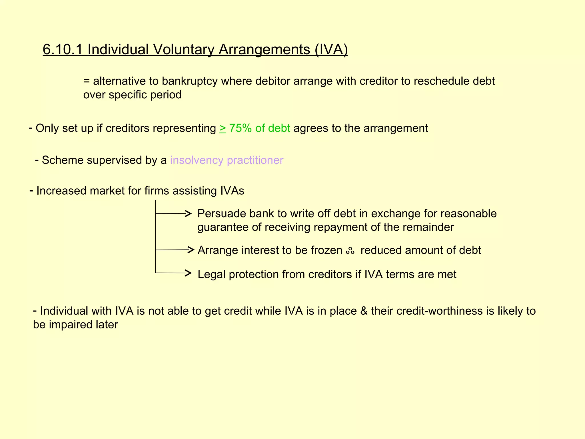 6.10.1 Individual Voluntary Arrangements (IVA)

          = alternative to bankruptcy where debitor arrange with creditor to reschedule debt
          over specific period

- Only set up if creditors representing > 75% of debt agrees to the arrangement

 - Scheme supervised by a insolvency practitioner

- Increased market for firms assisting IVAs

                                   Persuade bank to write off debt in exchange for reasonable
                                   guarantee of receiving repayment of the remainder

                                   Arrange interest to be frozen ஃ reduced amount of debt

                                   Legal protection from creditors if IVA terms are met


- Individual with IVA is not able to get credit while IVA is in place & their credit-worthiness is likely to
be impaired later
 