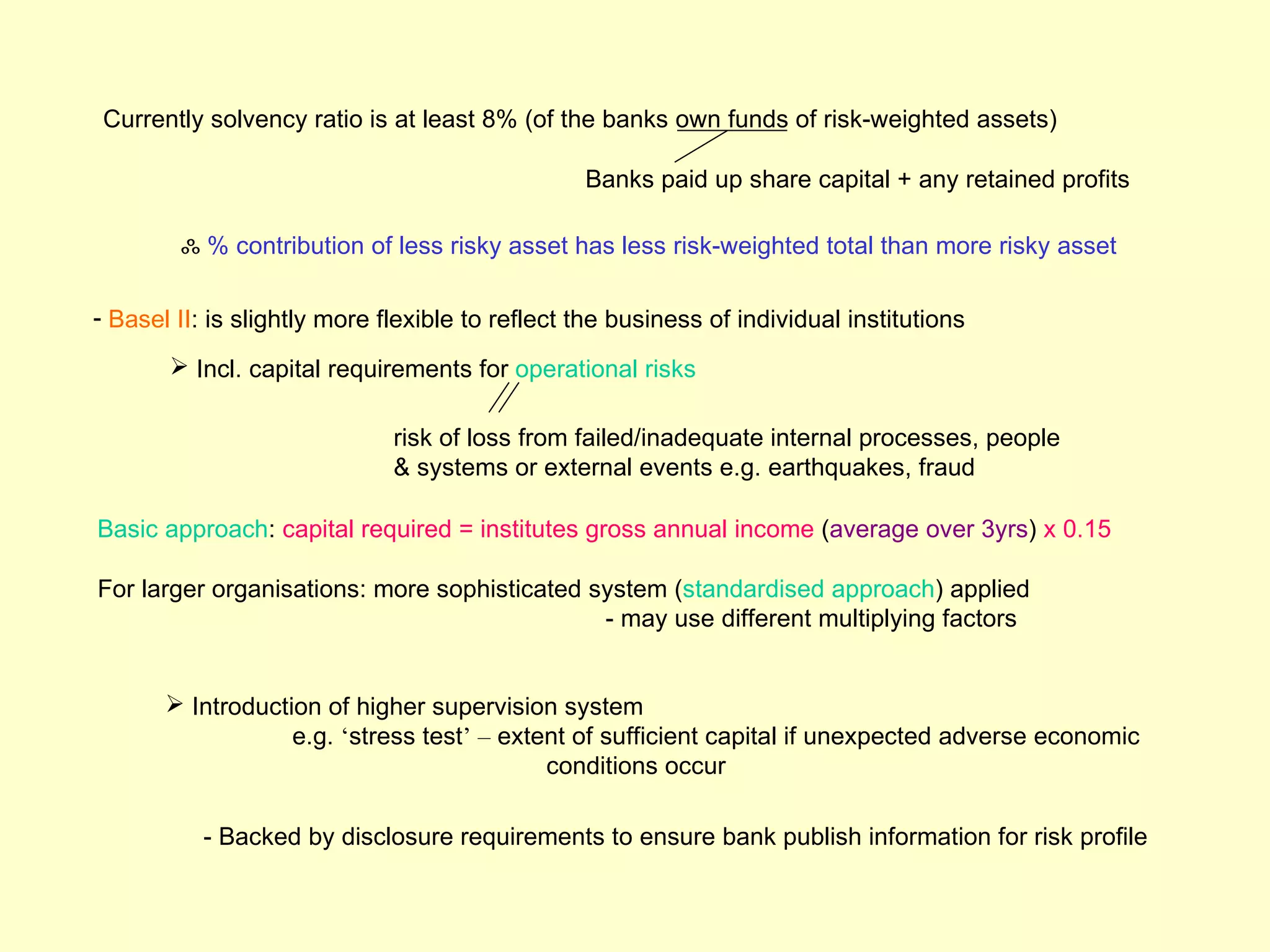 Currently solvency ratio is at least 8% (of the banks own funds of risk-weighted assets)

                                                 Banks paid up share capital + any retained profits

        ஃ % contribution of less risky asset has less risk-weighted total than more risky asset

- Basel II: is slightly more flexible to reflect the business of individual institutions
        Incl. capital requirements for operational risks

                              risk of loss from failed/inadequate internal processes, people
                              & systems or external events e.g. earthquakes, fraud

Basic approach: capital required = institutes gross annual income (average over 3yrs) x 0.15

For larger organisations: more sophisticated system (standardised approach) applied
                                              - may use different multiplying factors


        Introduction of higher supervision system
                   e.g. ‘stress test’ – extent of sufficient capital if unexpected adverse economic
                                            conditions occur

           - Backed by disclosure requirements to ensure bank publish information for risk profile
 
