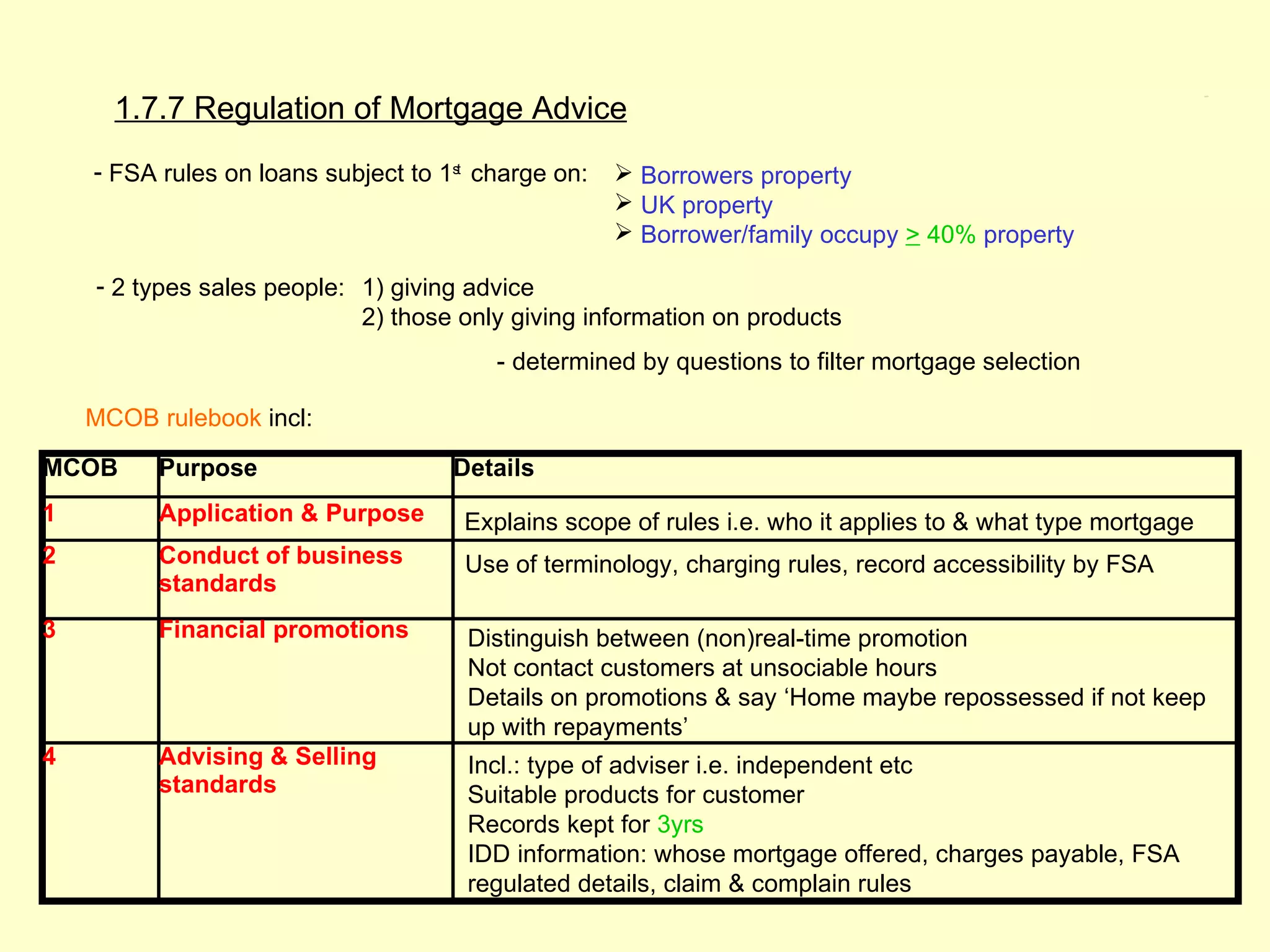1.7.7 Regulation of Mortgage Advice
                                                                                                            1.7.7




    - FSA rules on loans subject to 1st charge on:    Borrowers property
                                                      UK property
                                                      Borrower/family occupy > 40% property

    - 2 types sales people: 1) giving advice
                            2) those only giving information on products
                                         - determined by questions to filter mortgage selection

    MCOB rulebook incl:

MCOB      Purpose                    Details
1         Application & Purpose       Explains scope of rules i.e. who it applies to & what type mortgage
2         Conduct of business         Use of terminology, charging rules, record accessibility by FSA
          standards
3         Financial promotions        Distinguish between (non)real-time promotion
                                      Not contact customers at unsociable hours
                                      Details on promotions & say ‘Home maybe repossessed if not keep
                                      up with repayments’
4         Advising & Selling          Incl.: type of adviser i.e. independent etc
          standards                   Suitable products for customer
                                      Records kept for 3yrs
                                      IDD information: whose mortgage offered, charges payable, FSA
                                      regulated details, claim & complain rules
 