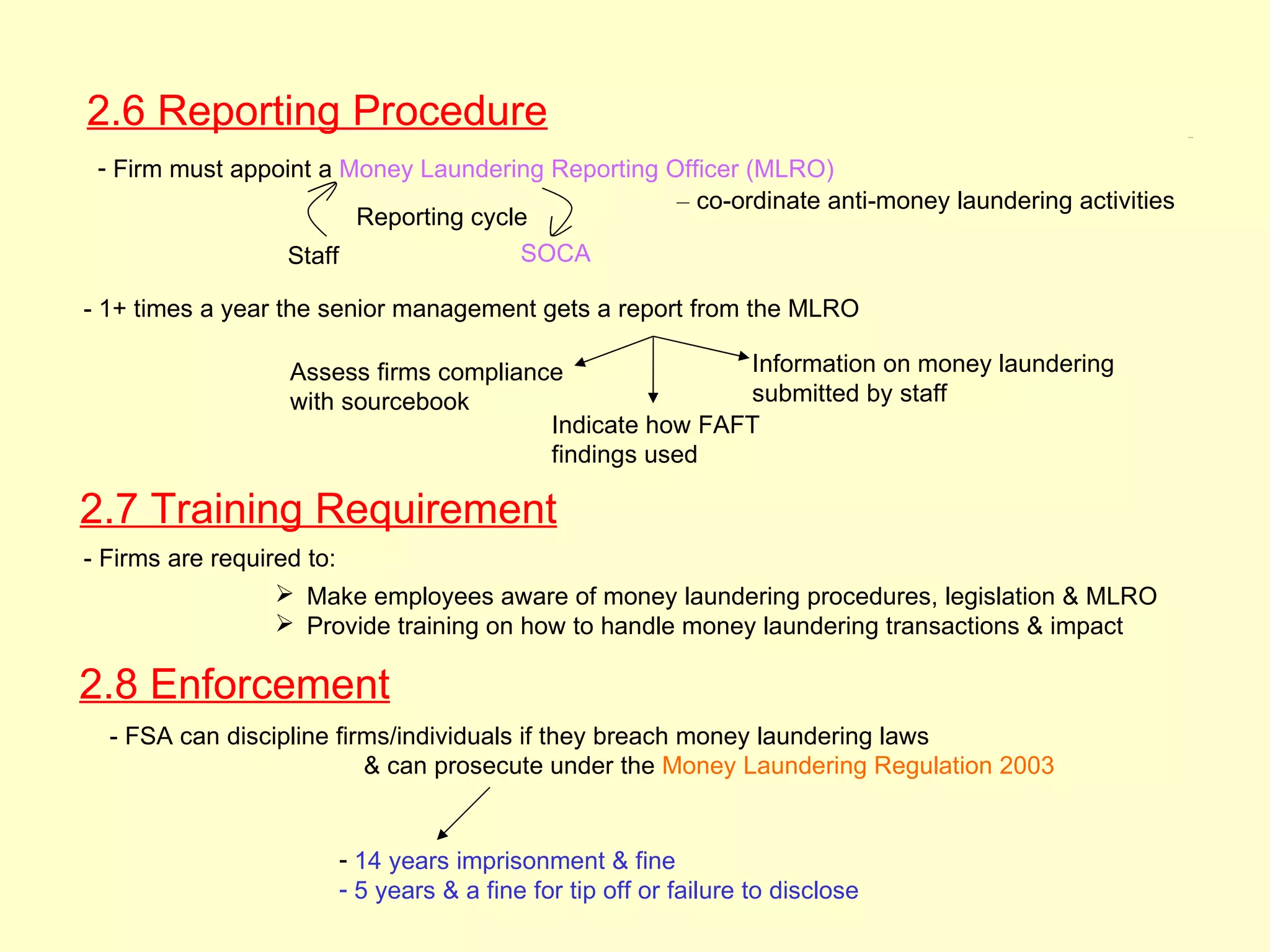 2.6 Reporting Procedure                                                                             2.6-2.8




 - Firm must appoint a Money Laundering Reporting Officer (MLRO)
                                                   – co-ordinate anti-money laundering activities
                        Reporting cycle
                 Staff                SOCA

- 1+ times a year the senior management gets a report from the MLRO

                  Assess firms compliance               Information on money laundering
                  with sourcebook                       submitted by staff
                                        Indicate how FAFT
                                        findings used

2.7 Training Requirement
- Firms are required to:
                   Make employees aware of money laundering procedures, legislation & MLRO
                   Provide training on how to handle money laundering transactions & impact

2.8 Enforcement
  - FSA can discipline firms/individuals if they breach money laundering laws
                          & can prosecute under the Money Laundering Regulation 2003


                      - 14 years imprisonment & fine
                      - 5 years & a fine for tip off or failure to disclose
 