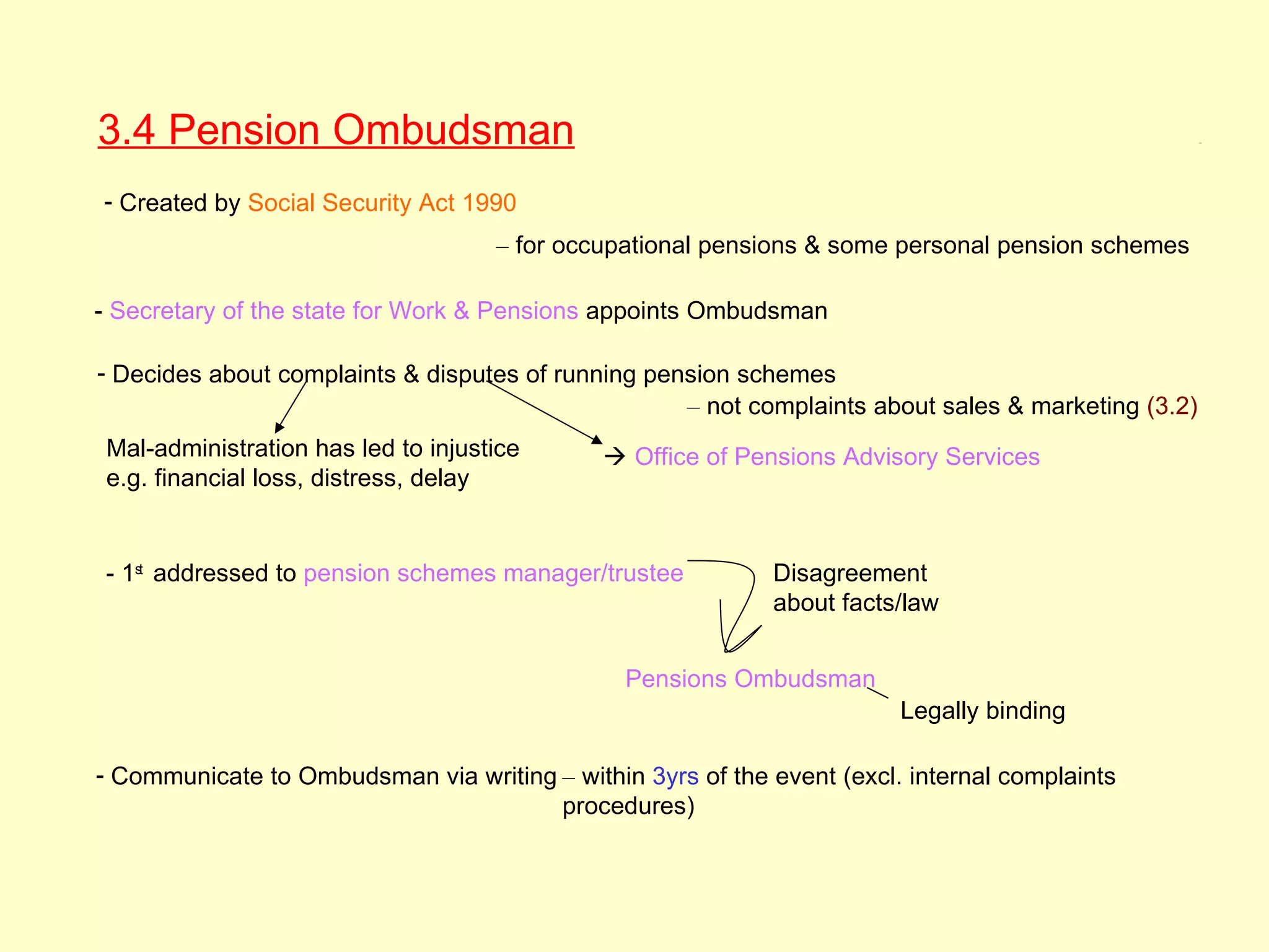 3.4 Pension Ombudsman                                                                                3.4




- Created by Social Security Act 1990
                                     – for occupational pensions & some personal pension schemes

- Secretary of the state for Work & Pensions appoints Ombudsman

- Decides about complaints & disputes of running pension schemes
                                                    – not complaints about sales & marketing (3.2)
 Mal-administration has led to injustice       Office of Pensions Advisory Services
 e.g. financial loss, distress, delay


- 1st addressed to pension schemes manager/trustee           Disagreement
                                                             about facts/law


                                               Pensions Ombudsman
                                                                        Legally binding

- Communicate to Ombudsman via writing – within 3yrs of the event (excl. internal complaints
                                       procedures)
 