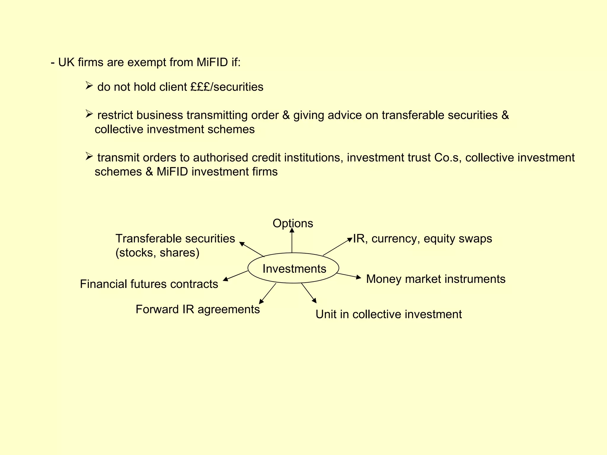 - UK firms are exempt from MiFID if:
       do not hold client £££/securities

       restrict business transmitting order & giving advice on transferable securities &
       collective investment schemes

       transmit orders to authorised credit institutions, investment trust Co.s, collective investment
       schemes & MiFID investment firms



                                            Options
            Transferable securities                          IR, currency, equity swaps
            (stocks, shares)
                                         Investments
     Financial futures contracts                                Money market instruments

                Forward IR agreements                 Unit in collective investment
 