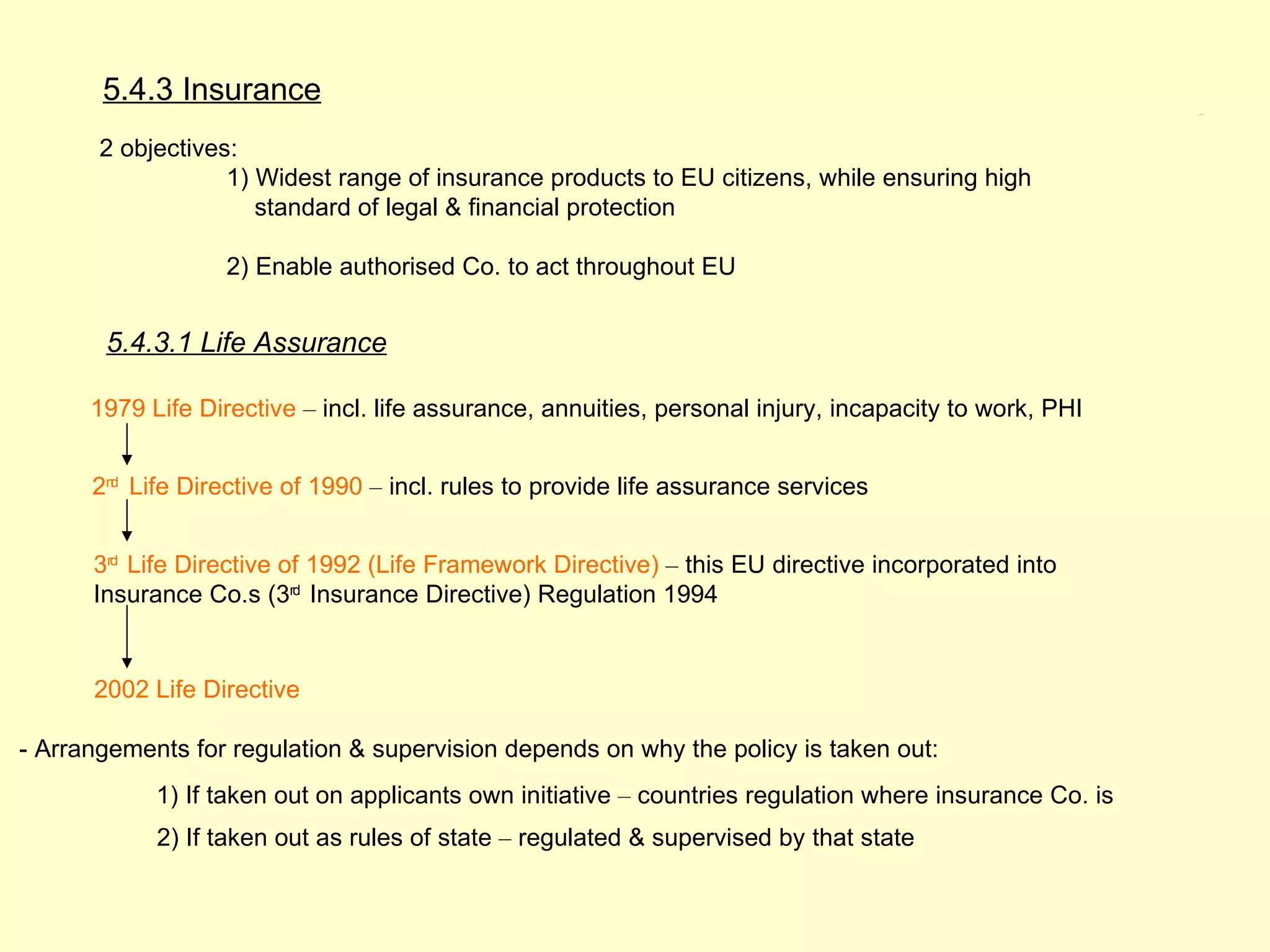 5.4.3 Insurance                                                                                   5.4.3




       2 objectives:
                   1) Widest range of insurance products to EU citizens, while ensuring high
                      standard of legal & financial protection

                   2) Enable authorised Co. to act throughout EU


       5.4.3.1 Life Assurance

      1979 Life Directive – incl. life assurance, annuities, personal injury, incapacity to work, PHI


      2nd Life Directive of 1990 – incl. rules to provide life assurance services


      3rd Life Directive of 1992 (Life Framework Directive) – this EU directive incorporated into
      Insurance Co.s (3rd Insurance Directive) Regulation 1994


      2002 Life Directive

- Arrangements for regulation & supervision depends on why the policy is taken out:
            1) If taken out on applicants own initiative – countries regulation where insurance Co. is
            2) If taken out as rules of state – regulated & supervised by that state
 