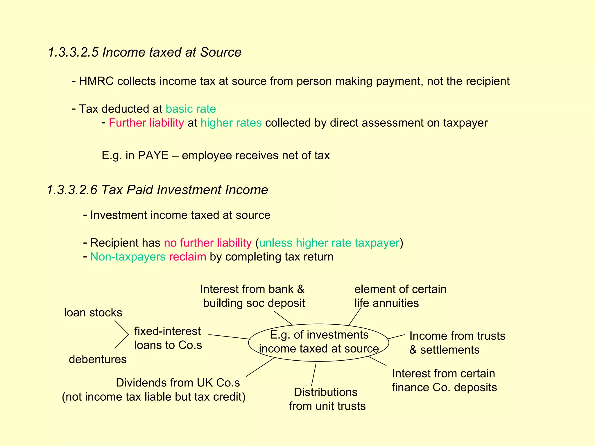 1.3.3.2.5 Income taxed at Source

    - HMRC collects income tax at source from person making payment, not the recipient

    - Tax deducted at basic rate
          - Further liability at higher rates collected by direct assessment on taxpayer

          E.g. in PAYE – employee receives net of tax


1.3.3.2.6 Tax Paid Investment Income
      - Investment income taxed at source

      - Recipient has no further liability (unless higher rate taxpayer)
      - Non-taxpayers reclaim by completing tax return

                              Interest from bank &           element of certain
                               building soc deposit          life annuities
  loan stocks
                 fixed-interest              E.g. of investments           Income from trusts
                 loans to Co.s             income taxed at source          & settlements
   debentures
                                                                     Interest from certain
            Dividends from UK Co.s                                   finance Co. deposits
  (not income tax liable but tax credit)         Distributions
                                                from unit trusts
 