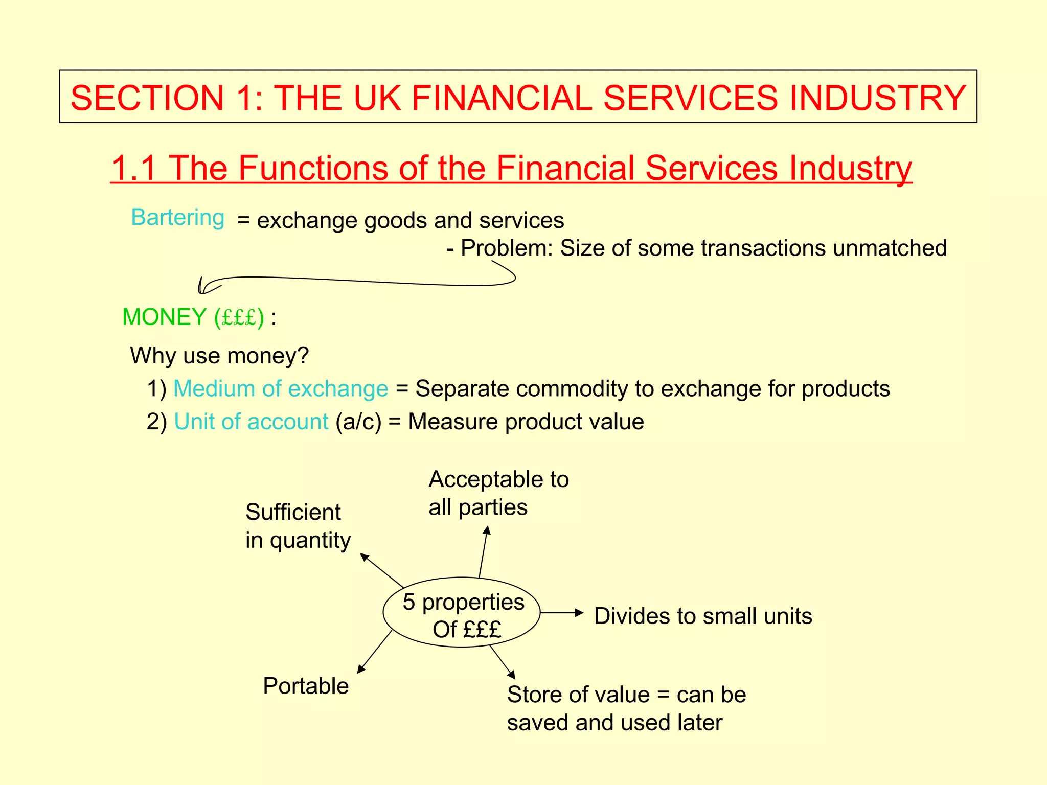SECTION 1: THE UK FINANCIAL SERVICES INDUSTRY

  1.1 The Functions of the Financial Services Industry
   Bartering = exchange goods and services
                               - Problem: Size of some transactions unmatched

  MONEY (£££) :
   Why use money?
    1) Medium of exchange = Separate commodity to exchange for products
    2) Unit of account (a/c) = Measure product value

                             Acceptable to
             Sufficient      all parties
             in quantity

                           5 properties
                                             Divides to small units
                              Of £££

              Portable               Store of value = can be
                                     saved and used later
 