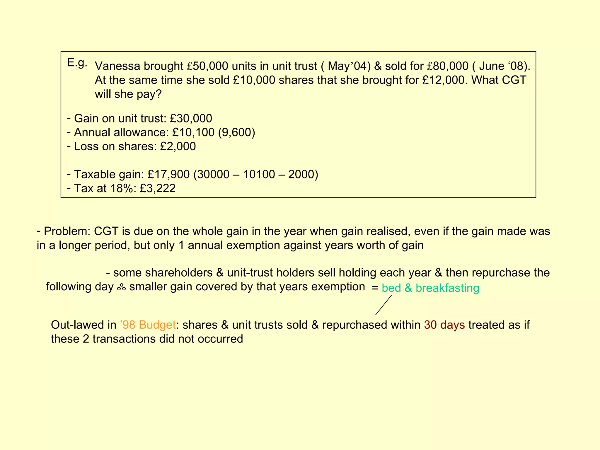 E.g. Vanessa brought £50,000 units in unit trust ( May’04) & sold for £80,000 ( June ‘08).
          At the same time she sold £10,000 shares that she brought for £12,000. What CGT
          will she pay?

     - Gain on unit trust: £30,000
     - Annual allowance: £10,100 (9,600)
     - Loss on shares: £2,000

     - Taxable gain: £17,900 (30000 – 10100 – 2000)
     - Tax at 18%: £3,222


- Problem: CGT is due on the whole gain in the year when gain realised, even if the gain made was
in a longer period, but only 1 annual exemption against years worth of gain

             - some shareholders & unit-trust holders sell holding each year & then repurchase the
 following day ஃ smaller gain covered by that years exemption = bed & breakfasting


  Out-lawed in ’98 Budget: shares & unit trusts sold & repurchased within 30 days treated as if
  these 2 transactions did not occurred
 