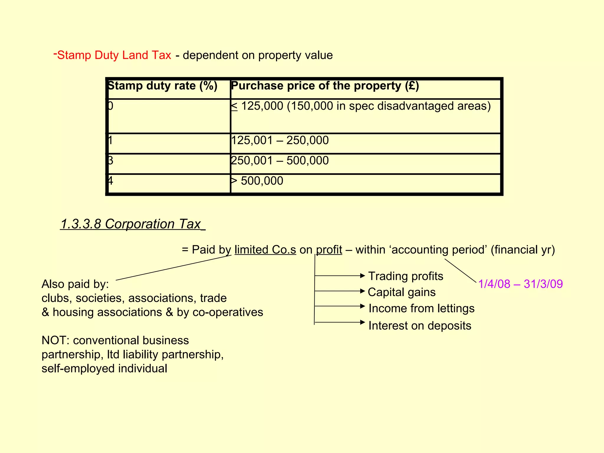 -Stamp Duty Land Tax - dependent on property value

             Stamp duty rate (%)          Purchase price of the property (£)
             0                            < 125,000 (150,000 in spec disadvantaged areas)

             1                            125,001 – 250,000
             3                            250,001 – 500,000
             4                            > 500,000


   1.3.3.8 Corporation Tax
                             = Paid by limited Co.s on profit – within ‘accounting period’ (financial yr)

                                                                  Trading profits
Also paid by:                                                                          1/4/08 – 31/3/09
                                                                  Capital gains
clubs, societies, associations, trade
& housing associations & by co-operatives                         Income from lettings
                                                                  Interest on deposits
NOT: conventional business
partnership, ltd liability partnership,
self-employed individual
 