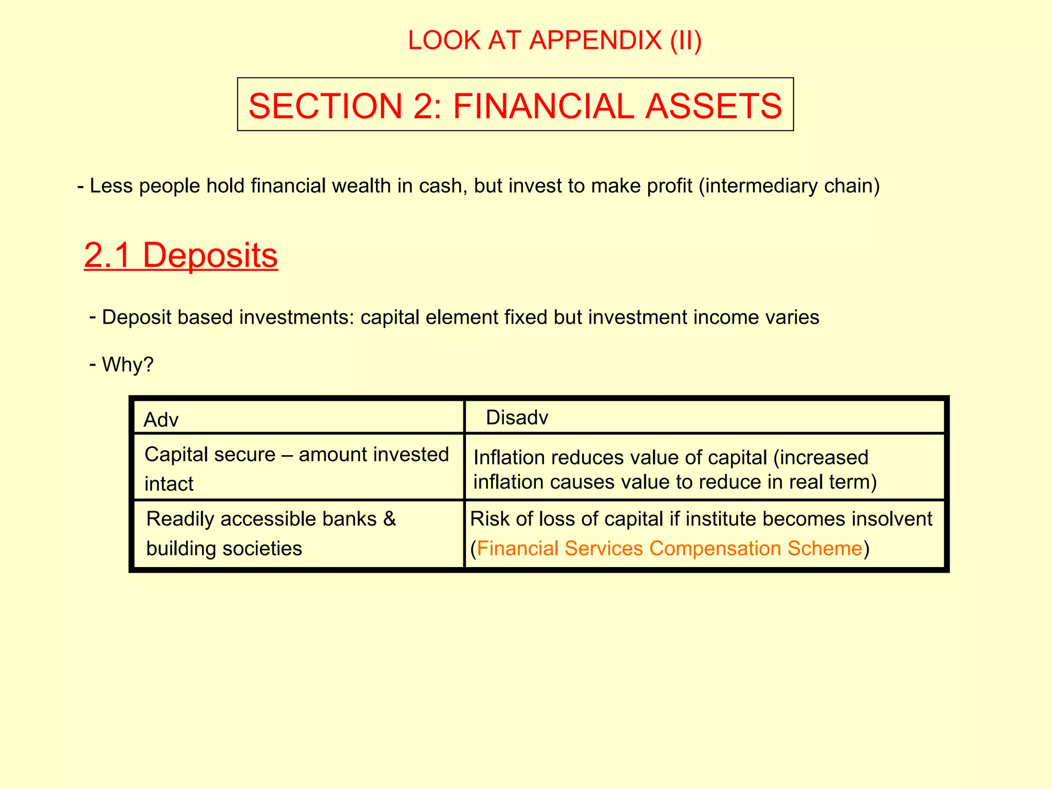 LOOK AT APPENDIX (II)

                       SECTION 2: FINANCIAL ASSETS

- Less people hold financial wealth in cash, but invest to make profit (intermediary chain)


  2.1 Deposits
      - Deposit based investments: capital element fixed but investment income varies

      - Why?

           Adv                                  Disadv
           Capital secure – amount invested    Inflation reduces value of capital (increased
           intact                              inflation causes value to reduce in real term)
            Readily accessible banks &         Risk of loss of capital if institute becomes insolvent
            building societies                 (Financial Services Compensation Scheme)




2.1
 