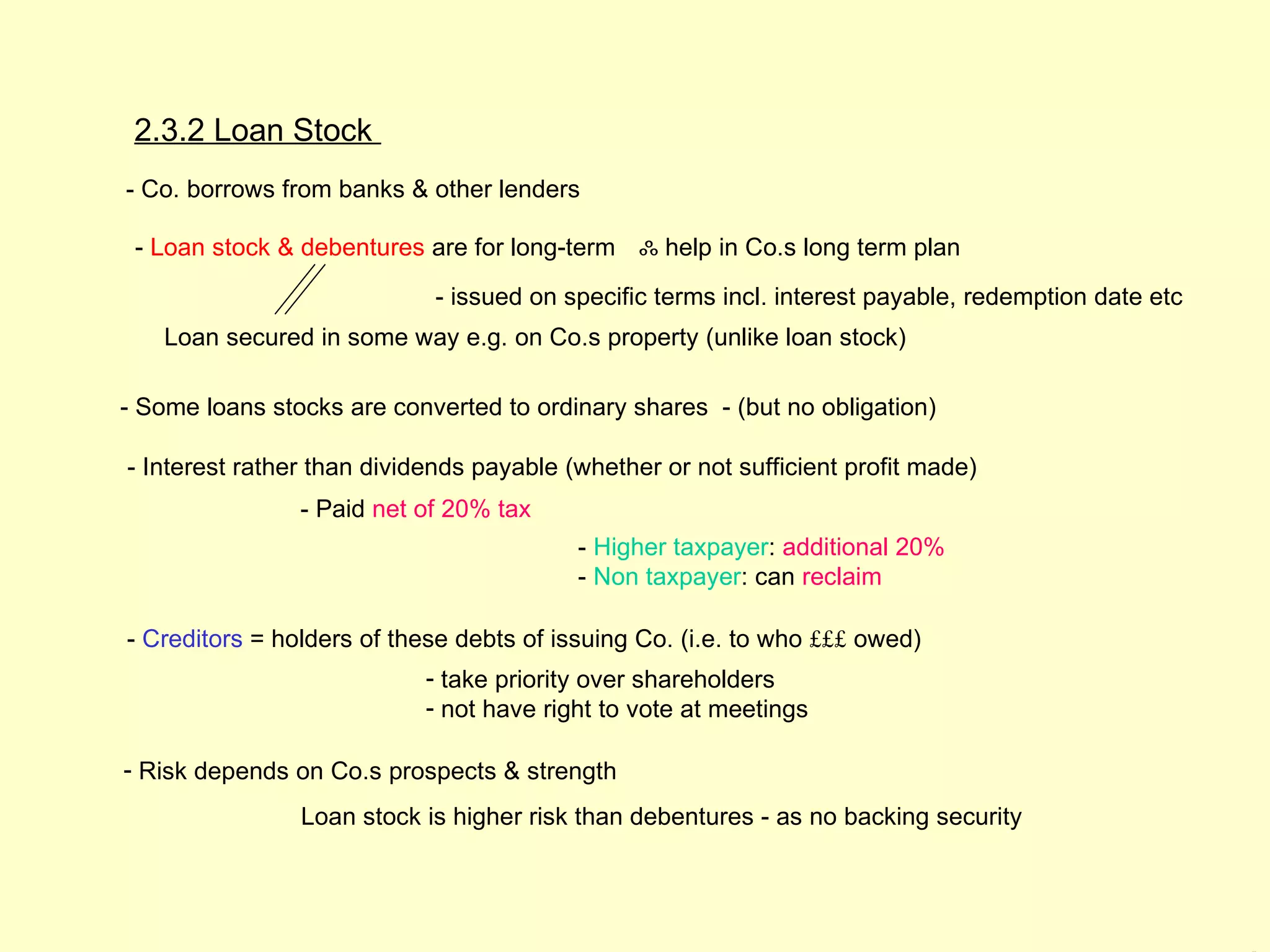 2.3.2 Loan Stock
- Co. borrows from banks & other lenders

 - Loan stock & debentures are for long-term ஃ help in Co.s long term plan

                             - issued on specific terms incl. interest payable, redemption date etc
   Loan secured in some way e.g. on Co.s property (unlike loan stock)

- Some loans stocks are converted to ordinary shares - (but no obligation)

- Interest rather than dividends payable (whether or not sufficient profit made)
                - Paid net of 20% tax
                                          - Higher taxpayer: additional 20%
                                          - Non taxpayer: can reclaim

- Creditors = holders of these debts of issuing Co. (i.e. to who £££ owed)
                            - take priority over shareholders
                            - not have right to vote at meetings

- Risk depends on Co.s prospects & strength
                Loan stock is higher risk than debentures - as no backing security
 