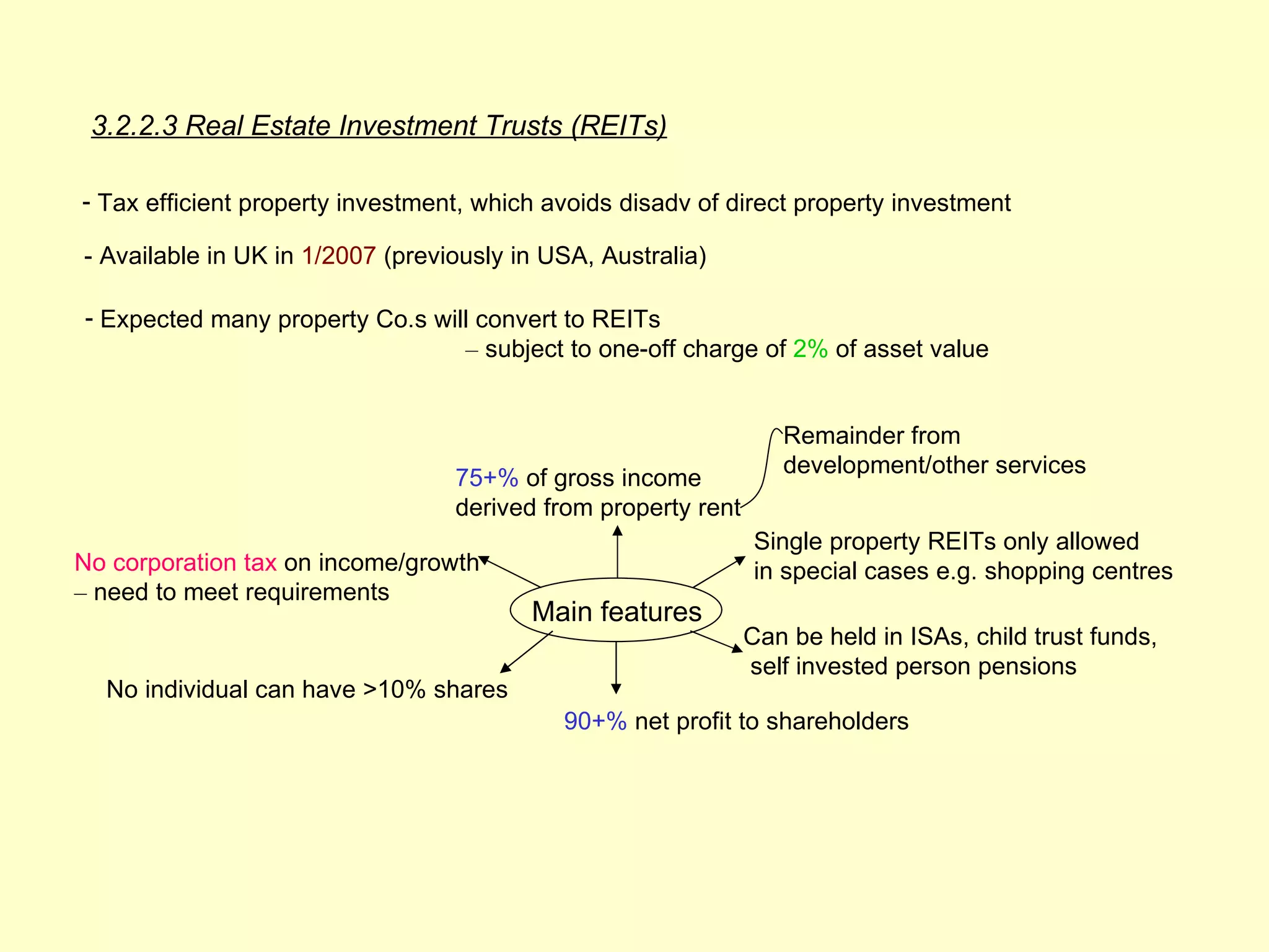 3.2.2.3 Real Estate Investment Trusts (REITs)

- Tax efficient property investment, which avoids disadv of direct property investment

- Available in UK in 1/2007 (previously in USA, Australia)

- Expected many property Co.s will convert to REITs
                                 – subject to one-off charge of 2% of asset value


                                                                  Remainder from
                                                                  development/other services
                                  75+% of gross income
                                  derived from property rent
                                                               Single property REITs only allowed
No corporation tax on income/growth                            in special cases e.g. shopping centres
– need to meet requirements
                                         Main features
                                                               Can be held in ISAs, child trust funds,
                                                               self invested person pensions
  No individual can have >10% shares
                                            90+% net profit to shareholders
 