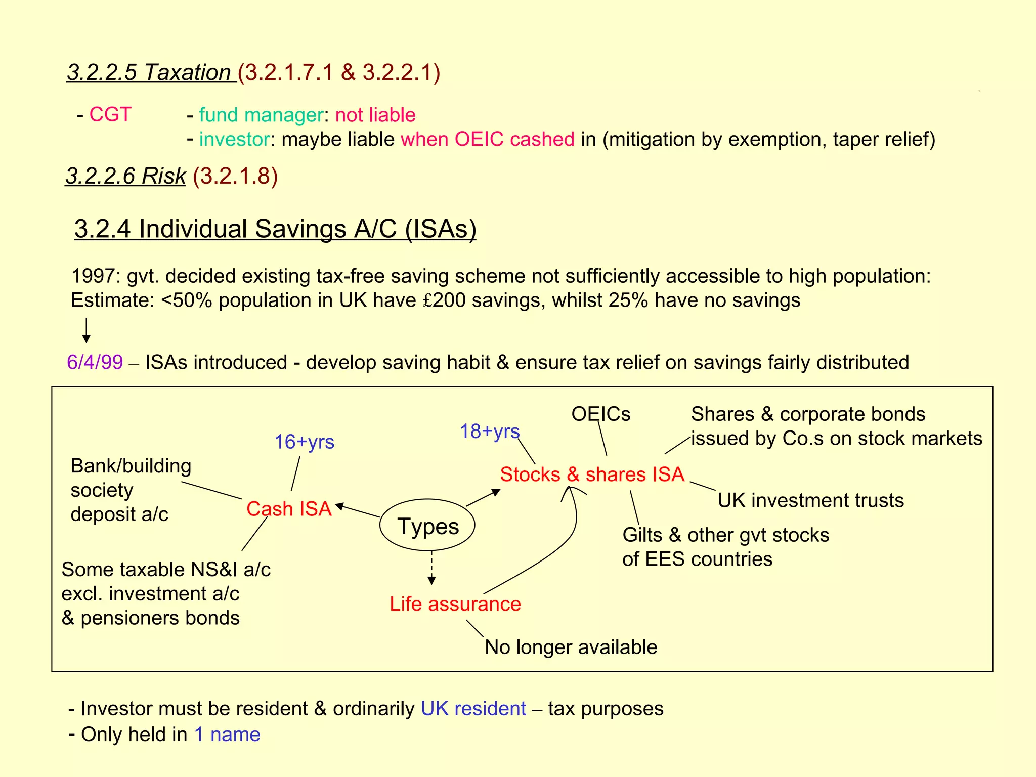 3.2.2.5 Taxation (3.2.1.7.1 & 3.2.2.1)                                                               3.2.4




 - CGT       - fund manager: not liable
             - investor: maybe liable when OEIC cashed in (mitigation by exemption, taper relief)
3.2.2.6 Risk (3.2.1.8)

 3.2.4 Individual Savings A/C (ISAs)
1997: gvt. decided existing tax-free saving scheme not sufficiently accessible to high population:
Estimate: <50% population in UK have £200 savings, whilst 25% have no savings


6/4/99 – ISAs introduced - develop saving habit & ensure tax relief on savings fairly distributed

                                                          OEICs        Shares & corporate bonds
                                             18+yrs                    issued by Co.s on stock markets
                        16+yrs
Bank/building                                    Stocks & shares ISA
society
                    Cash ISA                                              UK investment trusts
deposit a/c
                                     Types                     Gilts & other gvt stocks
                                                               of EES countries
Some taxable NS&I a/c
excl. investment a/c
                                     Life assurance
& pensioners bonds
                                                No longer available


- Investor must be resident & ordinarily UK resident – tax purposes
- Only held in 1 name
 