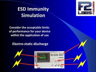 ESD Immunity
Simulation
Consider the acceptable limits
of performance for your device
within the application of use

Electro-static discharge
 

 