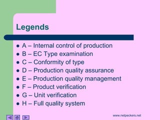 Legends

!   A – Internal control of production
!   B – EC Type examination
!   C – Conformity of type
!   D – Production quality assurance
!   E – Production quality management
!   F – Product verification
!   G – Unit verification
!   H – Full quality system
                                   www.netpeckers.net
 