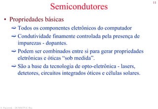 11
S. Paciornik – DCMM PUC-Rio
Semicondutores
• Propriedades básicas
Todos os componentes eletrônicos do computador
Condutividade finamente controlada pela presença de
impurezas - dopantes.
Podem ser combinados entre si para gerar propriedades
eletrônicas e óticas “sob medida”.
São a base da tecnologia de opto-eletrônica - lasers,
detetores, circuitos integrados óticos e células solares.
 