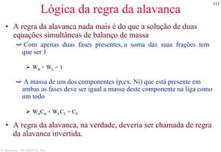 111
S. Paciornik – DCMM PUC-Rio
Lógica da regra da alavanca
• A regra da alavanca nada mais é do que a solução de duas
equações simultâneas de balanço de massa
Com apenas duas fases presentes, a soma das suas frações tem
que ser 1
Wα + WL = 1
A massa de um dos componentes (p.ex. Ni) que está presente em
ambas as fases deve ser igual a massa deste componente na liga como
um todo
WαCα + WLCL = C0
• A regra da alavanca, na verdade, deveria ser chamada de regra
da alavanca invertida.
 