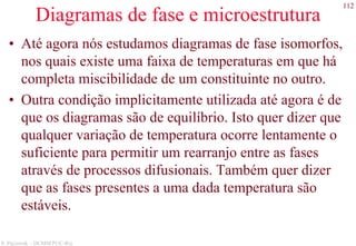 112
S. Paciornik – DCMM PUC-Rio
Diagramas de fase e microestrutura
• Até agora nós estudamos diagramas de fase isomorfos,
nos quais existe uma faixa de temperaturas em que há
completa miscibilidade de um constituinte no outro.
• Outra condição implicitamente utilizada até agora é de
que os diagramas são de equilíbrio. Isto quer dizer que
qualquer variação de temperatura ocorre lentamente o
suficiente para permitir um rearranjo entre as fases
através de processos difusionais. Também quer dizer
que as fases presentes a uma dada temperatura são
estáveis.
 