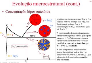 126
S. Paciornik – DCMM PUC-Rio
Evolução microestrutural (cont.)
γ
α
γ + Fe3C
α + γ 727°C
γ γ
γ
γ
γ γ
γγ
α + Fe3C
Fe3C pro-eutetóide
}
perlita
C1
Fe3C
• Concentração hiper-eutetóide
Inicialmente, temos apenas a fase γ. Em
seguida começa a surgir fase Fe3C nas
fronteiras de grão da fase γ. A
concentração da Fe3C é constante igual
a 6.7 wt% C.
A concentração da austenita cai com a
temperatura seguindo a linha que separa
o campo γ+Fe3C do campo γ. A uma
temperatura imediatamente acima da
eutetóide a concentração da fase γ é
0.77 wt% C, eutétóide.
A uma temperatura imediatamente
abaixo da eutetóide toda a fase γ se
transforma em perlita. A fase Fe3C , que
não muda, é denominada cementita
pro-eutetóide.
 