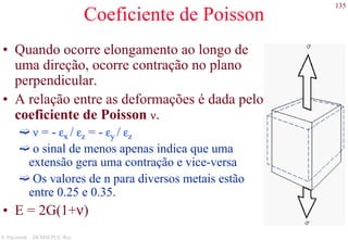 135
S. Paciornik – DCMM PUC-Rio
Coeficiente de Poisson
• Quando ocorre elongamento ao longo de
uma direção, ocorre contração no plano
perpendicular.
• A relação entre as deformações é dada pelo
coeficiente de Poisson ν.
ν = - εx / εz = - εy / εz
o sinal de menos apenas indica que uma
extensão gera uma contração e vice-versa
Os valores de n para diversos metais estão
entre 0.25 e 0.35.
• E = 2G(1+ν)
 