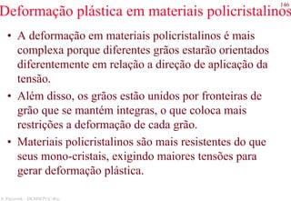 146
S. Paciornik – DCMM PUC-Rio
Deformação plástica em materiais policristalinos
• A deformação em materiais policristalinos é mais
complexa porque diferentes grãos estarão orientados
diferentemente em relação a direção de aplicação da
tensão.
• Além disso, os grãos estão unidos por fronteiras de
grão que se mantém íntegras, o que coloca mais
restrições a deformação de cada grão.
• Materiais policristalinos são mais resistentes do que
seus mono-cristais, exigindo maiores tensões para
gerar deformação plástica.
 
