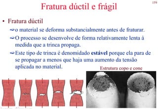 159
S. Paciornik – DCMM PUC-Rio
Fratura dúctil e frágil
• Fratura dúctil
o material se deforma substancialmente antes de fraturar.
O processo se desenvolve de forma relativamente lenta à
medida que a trinca propaga.
Este tipo de trinca é denomidado estável porque ela para de
se propagar a menos que haja uma aumento da tensão
aplicada no material. Estrutura copo e cone
 